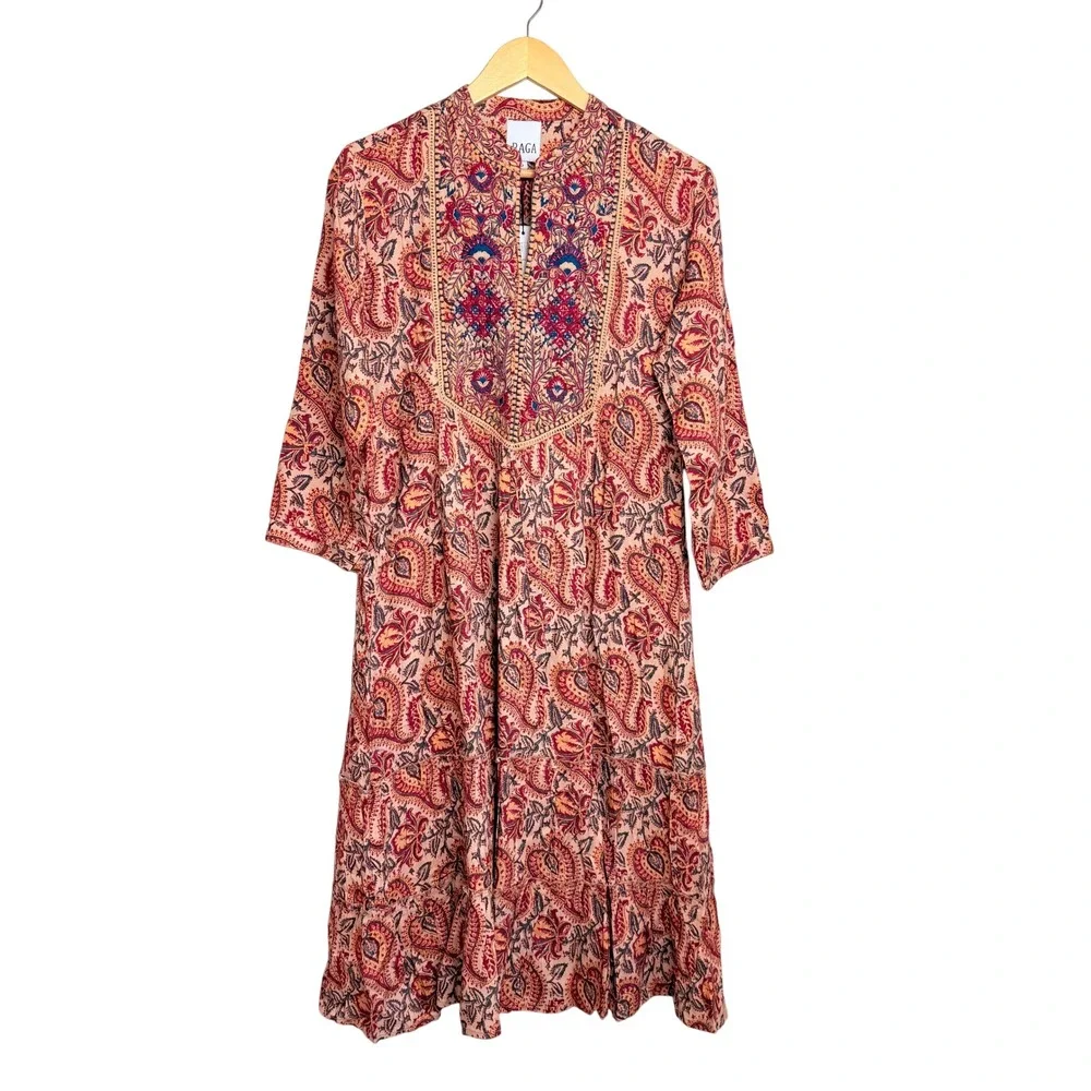 NEW RAGA Naya Embroidered Paisley Midi Dress Beige Red Boho Tiered XS